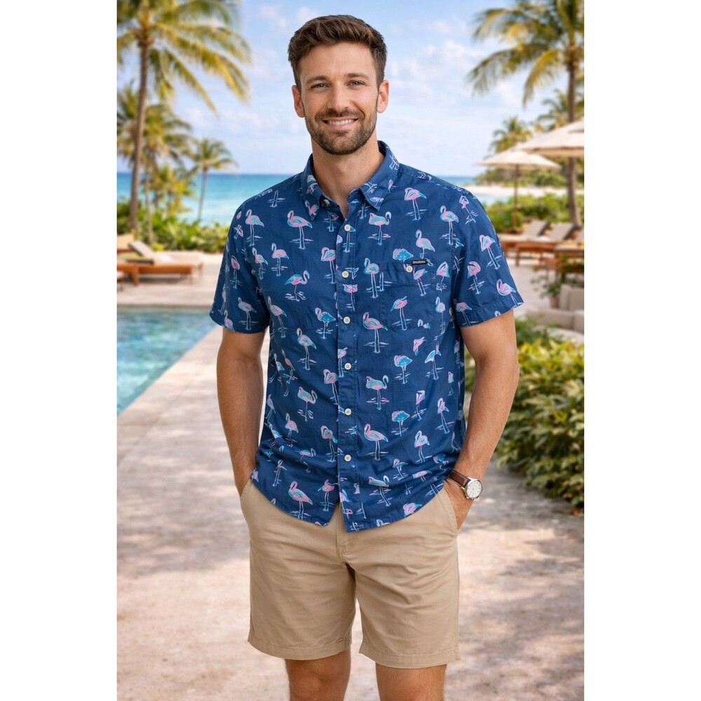 CHUBBIES The Mingos Blue Flamingo Short Sleeve Button Down Shirt Men's Small